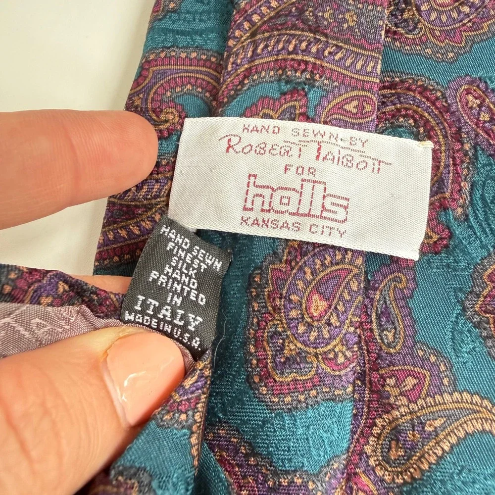 Vtg Robert Talbott Silk Necktie Mens‎ Teal Paisley Hand Sewn Italy Luxury Tie